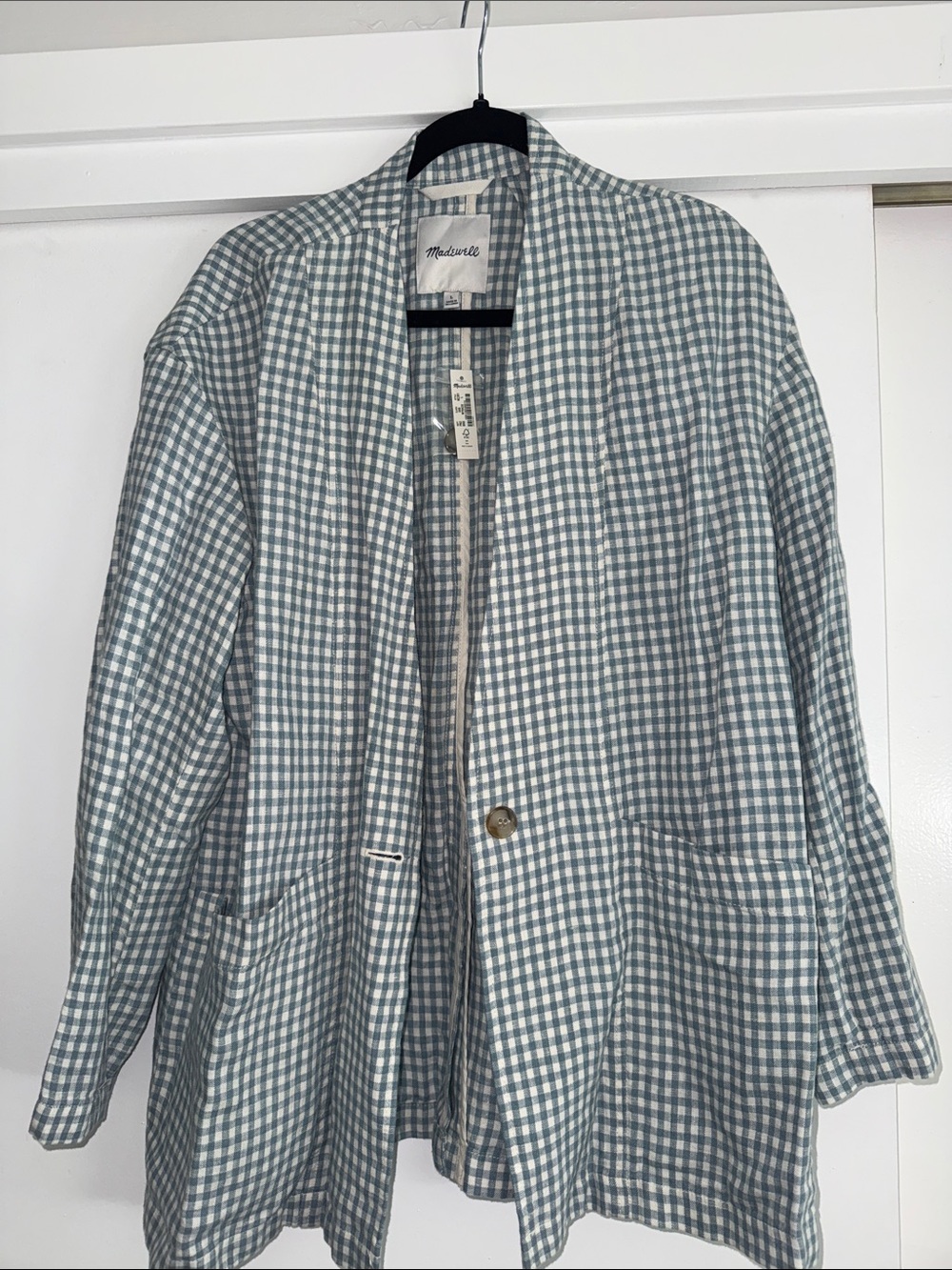 Madewell Light Blue Gingham 100% Linen Blazer - Size L